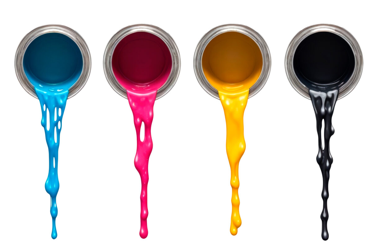 Cmyk colors paint dripping out from cans isolated on a white background. ai generative